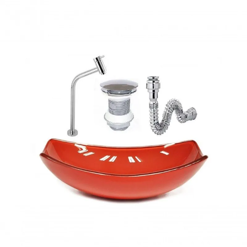 Cuba De Vidro Oval 46cm Vermelho +Valvula+Torneira+Sifao