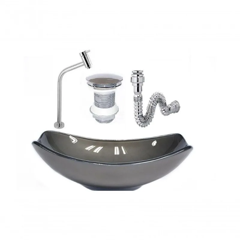 Cuba De Vidro Oval Chanfrada 46Cm Grafite + Valvula + Torneira + Sifao