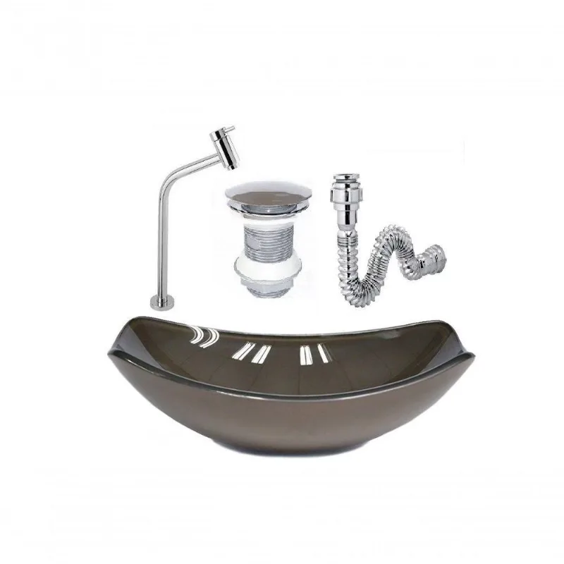 Cuba De Vidro Oval Chanfrada 46Cm Marrom + Valvula + Torneira + Sifao