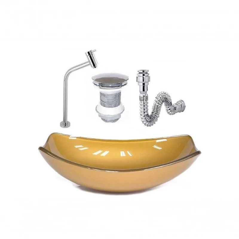 Cuba De Vidro Oval Chanfrada 46Cm Dourado Real + Valvula + Torneira + Sifao