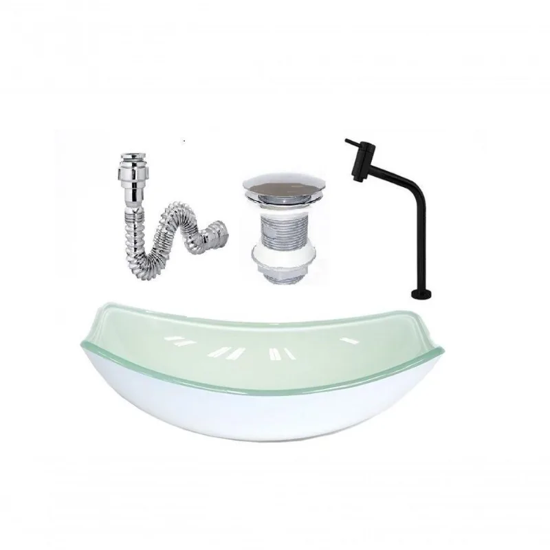 Cuba De Vidro Oval Chanfrada 46Cm Branca + Valvula + Torneira Metal Preta + Sifao