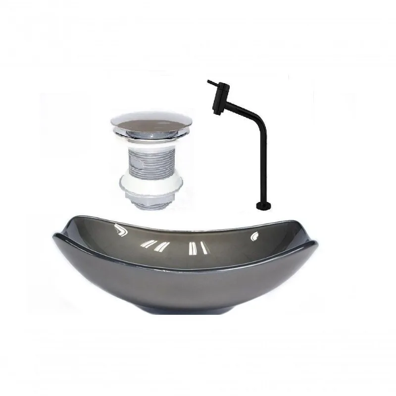Cuba De Vidro Oval Chanfrada 46Cm Grafite + Valvula + Torneira Metal Preta + Sifao