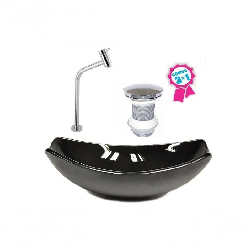 Cuba De Vidro Oval Chanfrada 46cm Preta + Válvula + Torneira