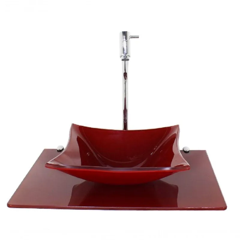 Kit Cuba De Vidro Quadrada 10mm Tampo 50cm Vermelho Cereja