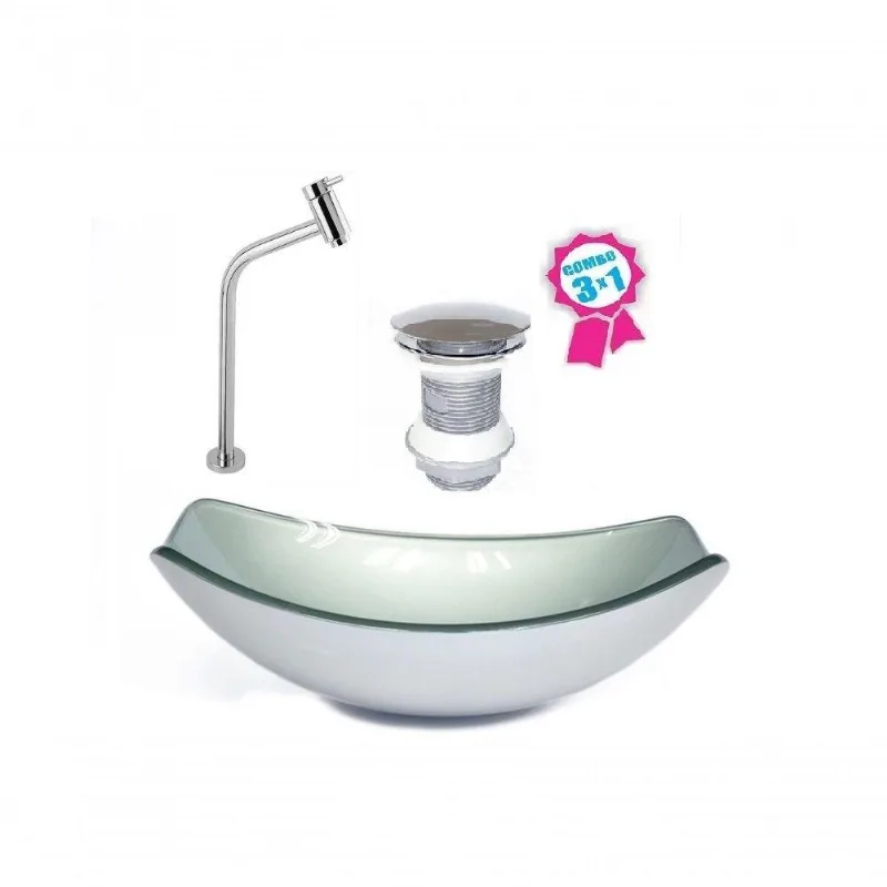Cuba De Vidro Oval Chanfrada 46cm Prata + Válvula + Torneira