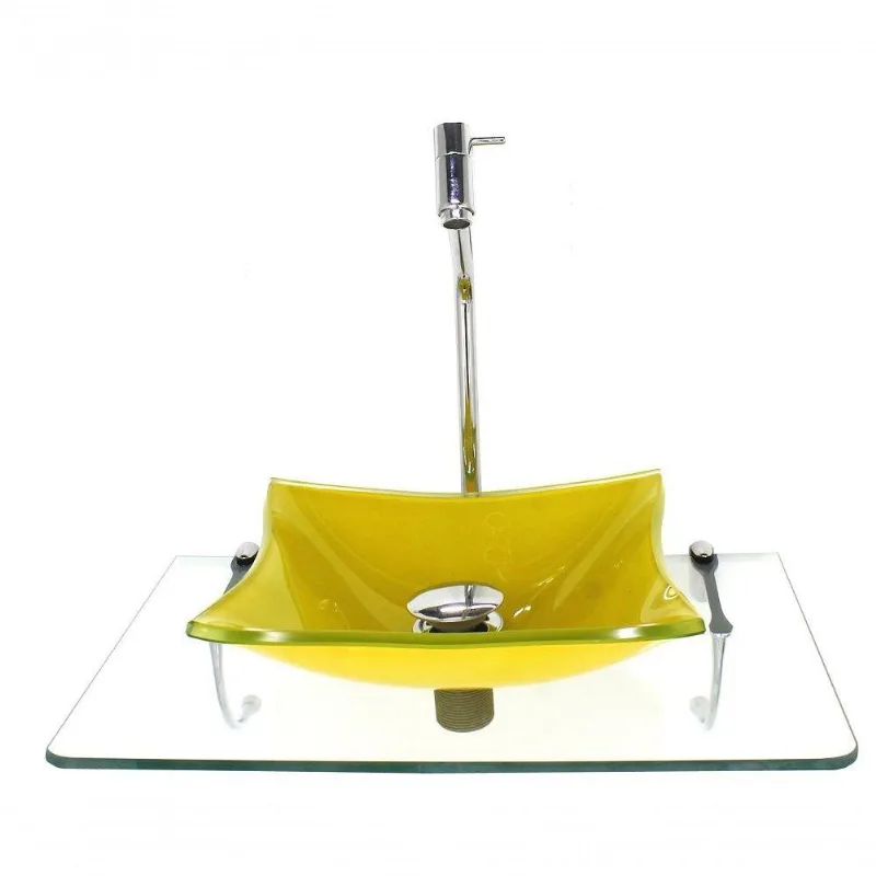 Kit Cuba De Vidro 10mm Amarela Tampo 50cm Incolor Torneira