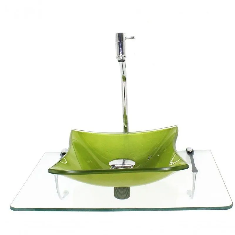 Kit Cuba De Vidro 10Mm Verde Oliva Tampo 50Cm Incolor Com Suporte Torneira Valvula