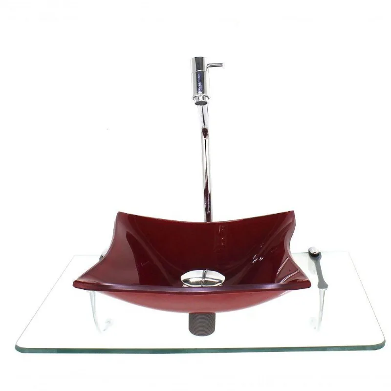 Kit Cuba De Vidro 10Mm Vermelho Ferrari Tampo 50Cm Incolor Com Suporte Torneira Valvula