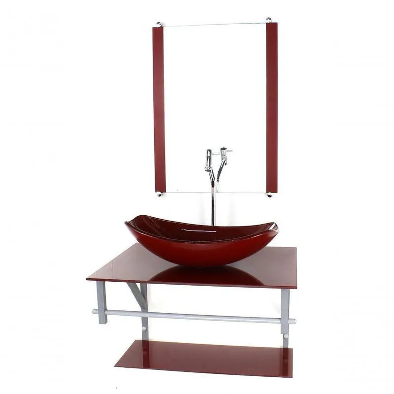 Gabinete Banheiro 60cm Cuba Chanfrada Vermelho Com Torneira