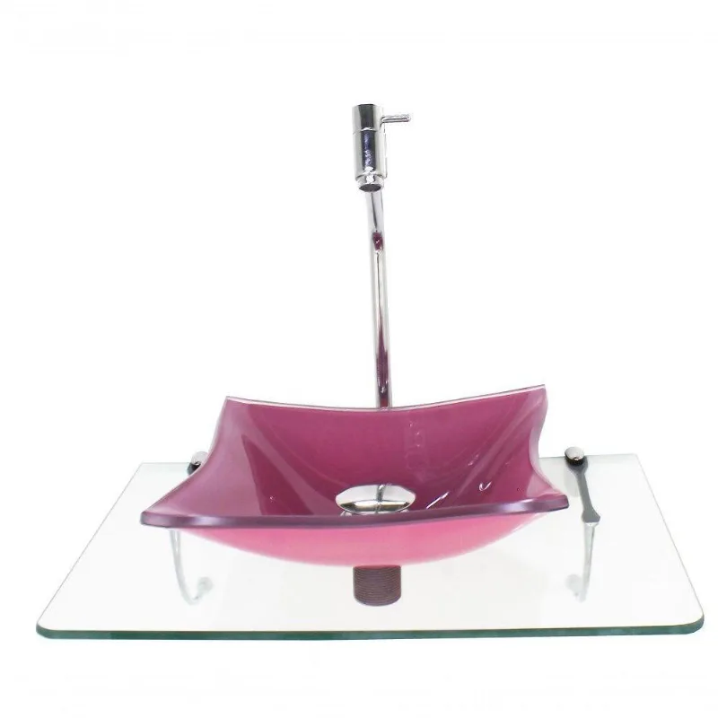 Kit Cuba De Vidro 10Mm Rosa Tampo 50Cm Incolor Com Suporte Torneira Valvula