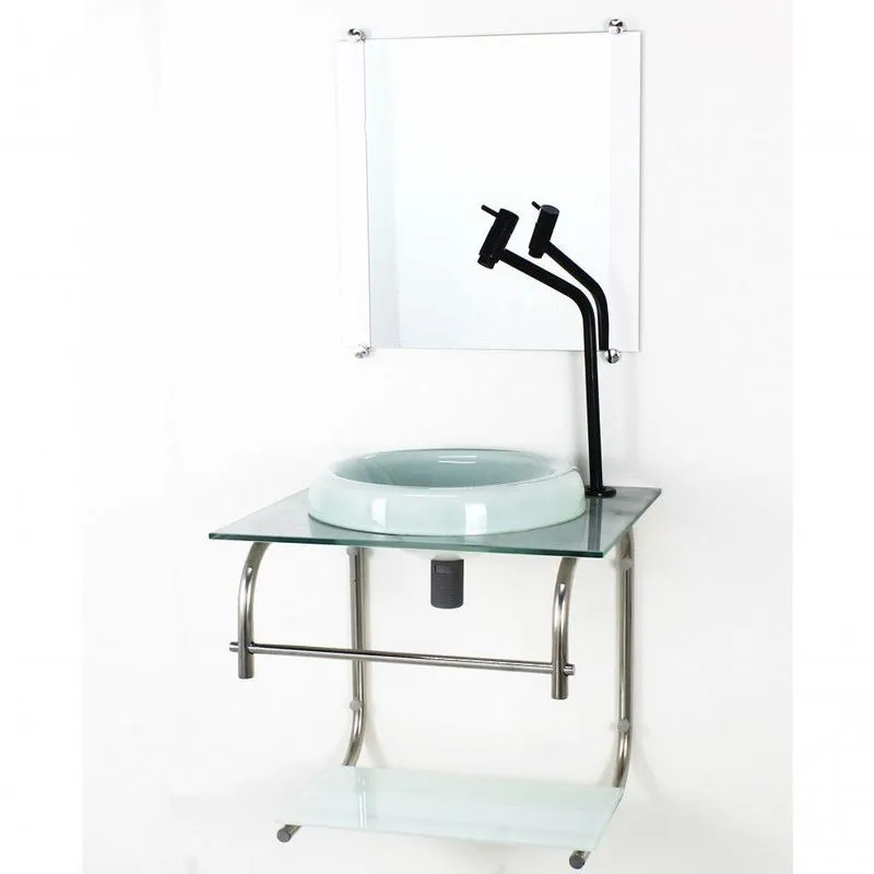 Gabinete De Vidro 40cm Inox Marmore Branco C/ Torneira Metal