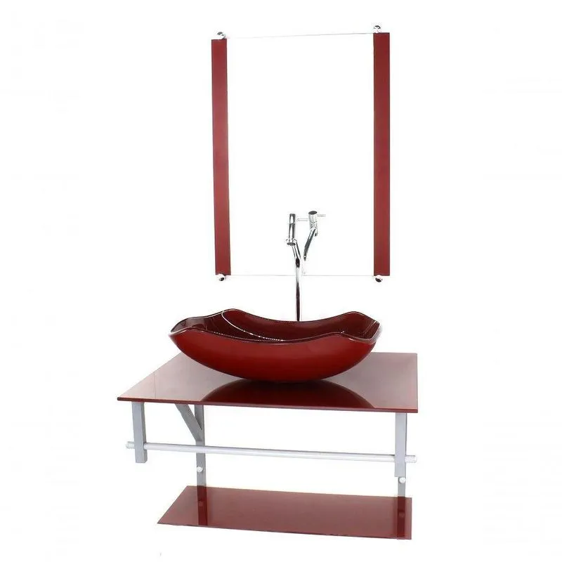 Gabinete Banheiro 60cm Cuba Abaulada Vermelho Com Torneira