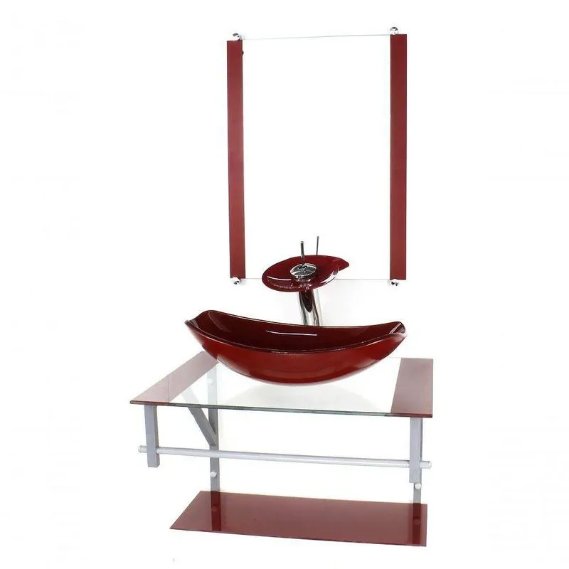 Gabinete Banheiro 60cm Cuba Chanfrada Vermelho Com Torneira