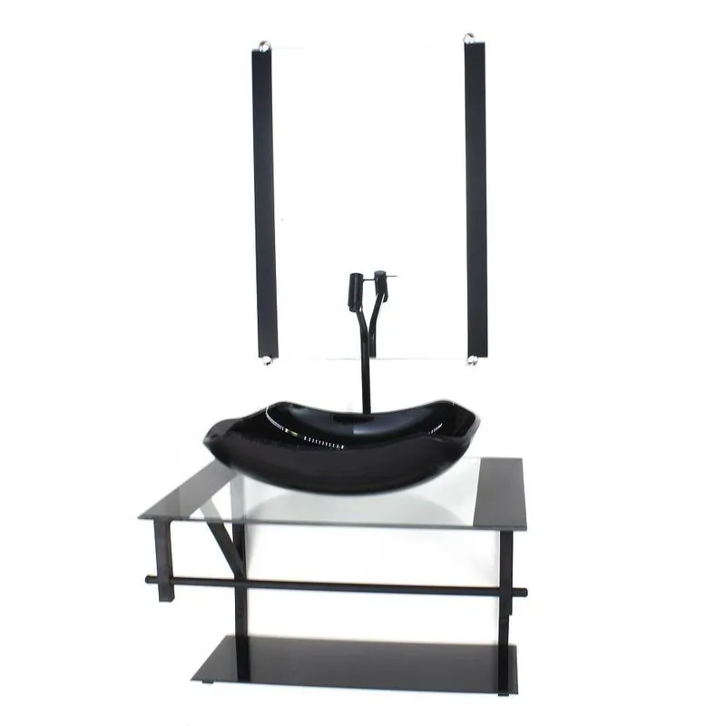 Gabinete Vidro Banheiro 60cm Ap Cuba Abaulada Preto Torneira