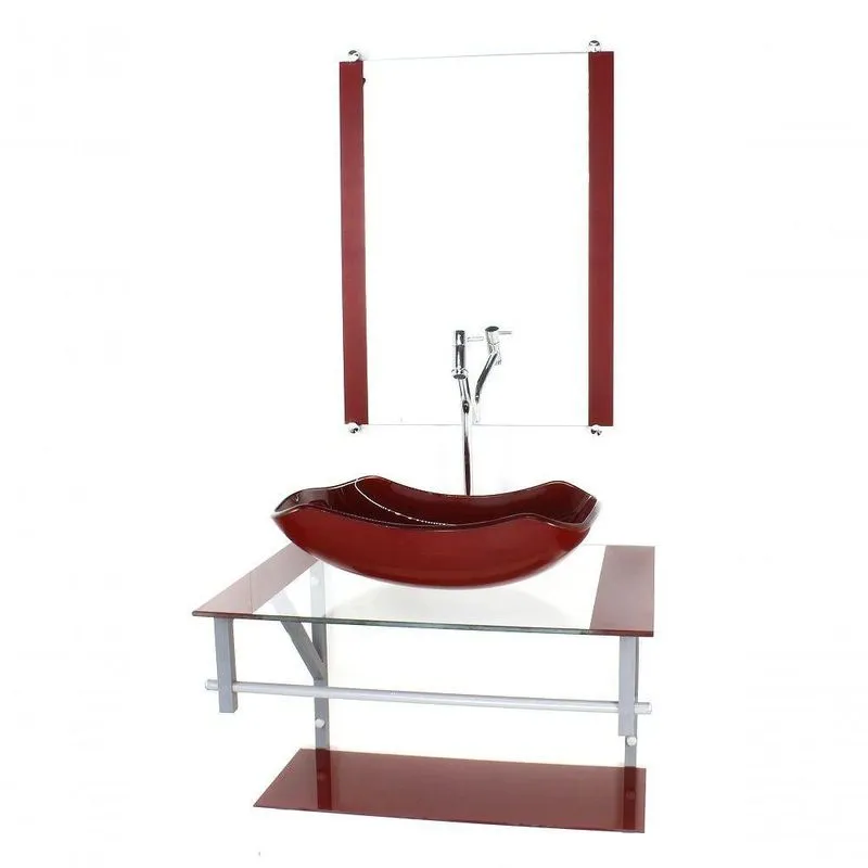 Gabinete Banheiro 60cm Cuba Abaulada Vermelho Com Torneira