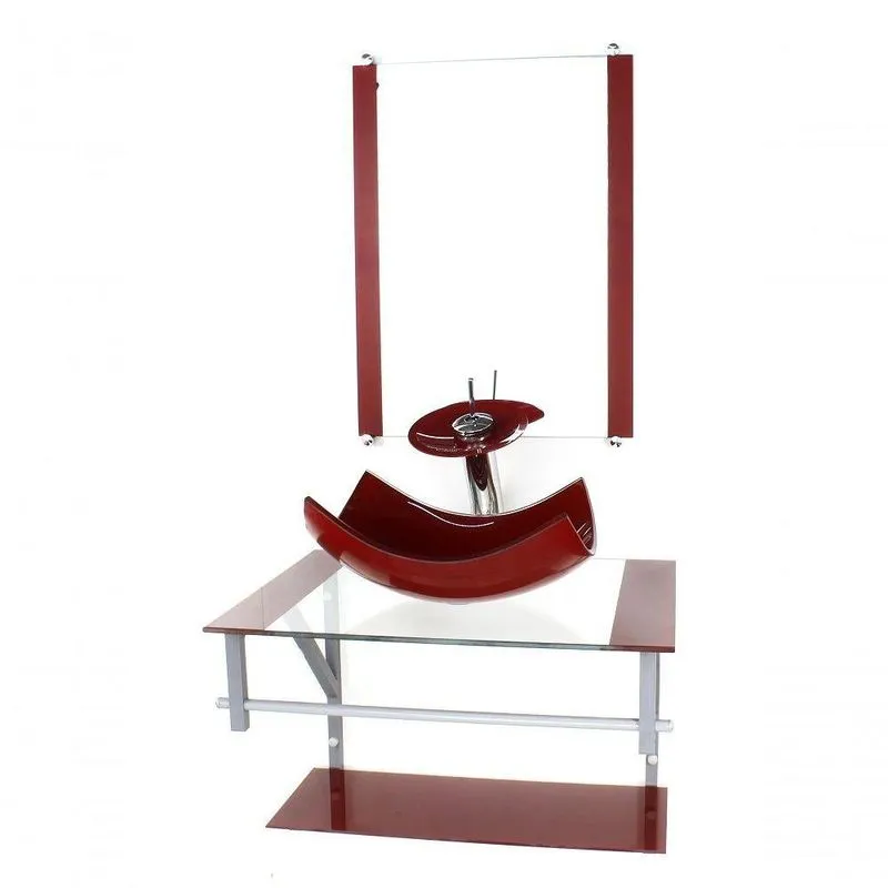 Gabinete Banheiro 60cm Cuba Retangular Vermelho Com Torneira