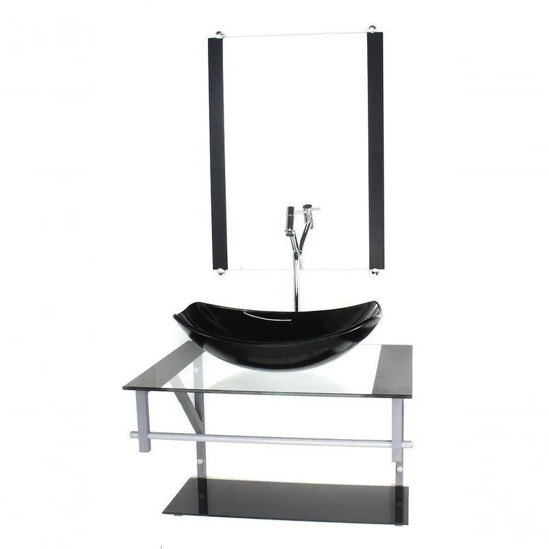 Gabinete Banheiro 60cm Cuba Chanfrada Preto Com Torneira