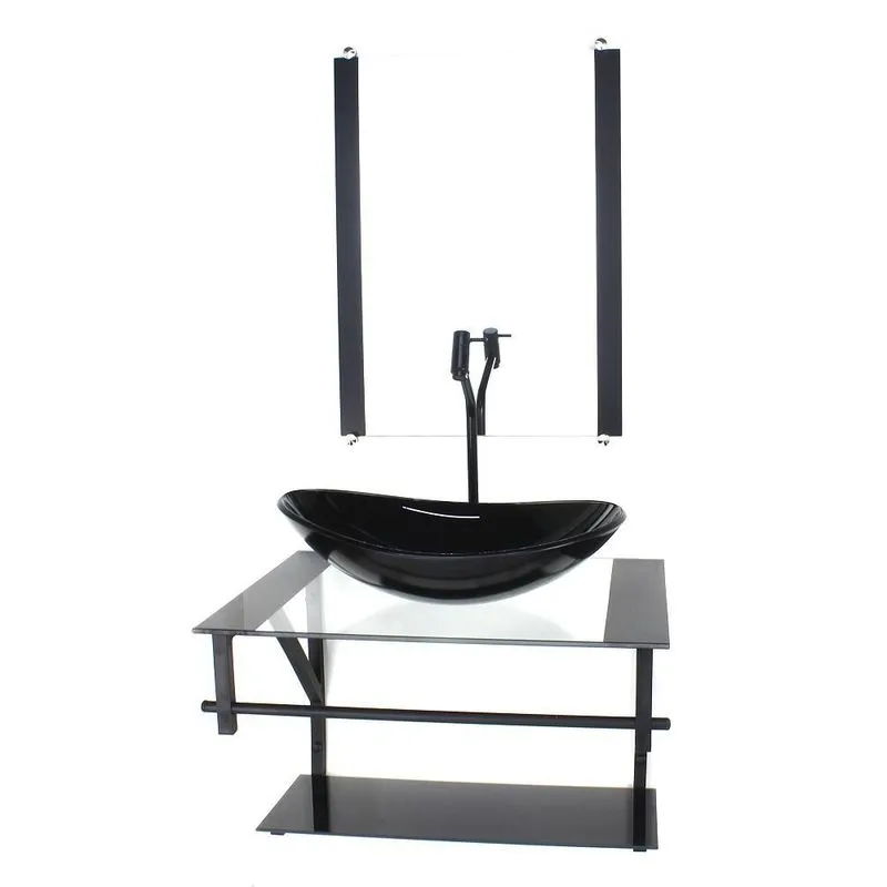Gabinete Vidro Banheiro 60cm Ap Cuba Oval Preto Torneira