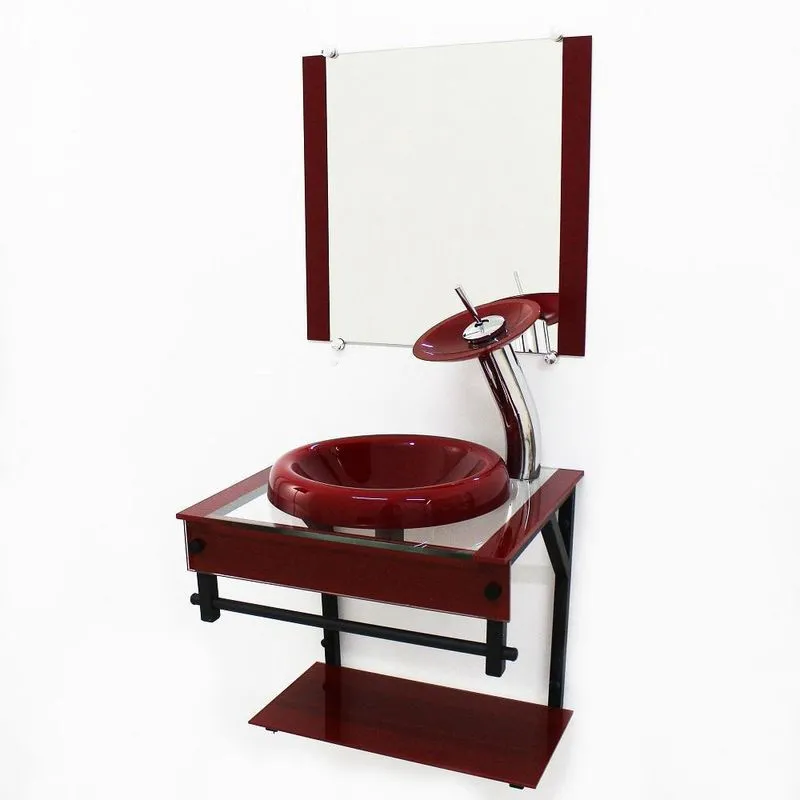 Gabinete De Vidro 40Cm Apx Com Cuba Chapeu Vermelho Cereja