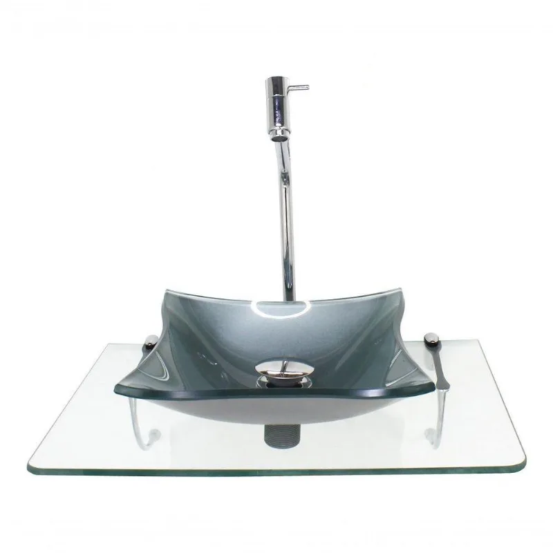Kit Cuba De Vidro Quadrada 10Mm Prata Com Tampo 50Cm Incolor E Suporte Cromado
