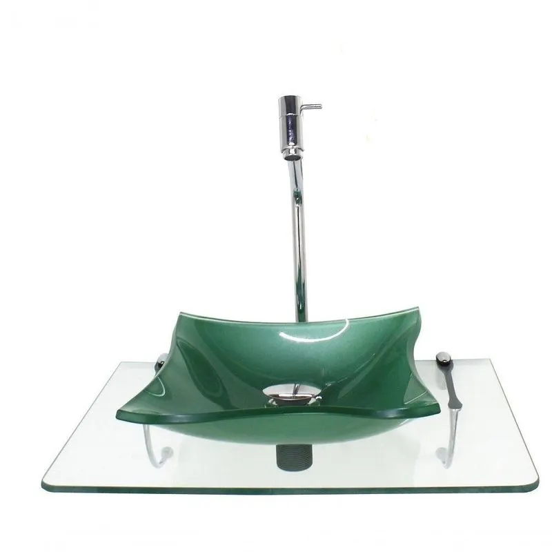 Kit Cuba De Vidro Quadrada 10Mm Verde Com Tampo 50Cm Incolor E Suporte Cromado