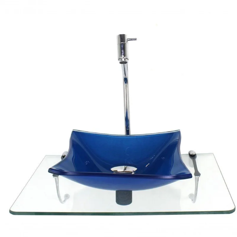 Kit Cuba Vidro Quadrada 10mm Azul Escuro Tampo 50cm Suporte