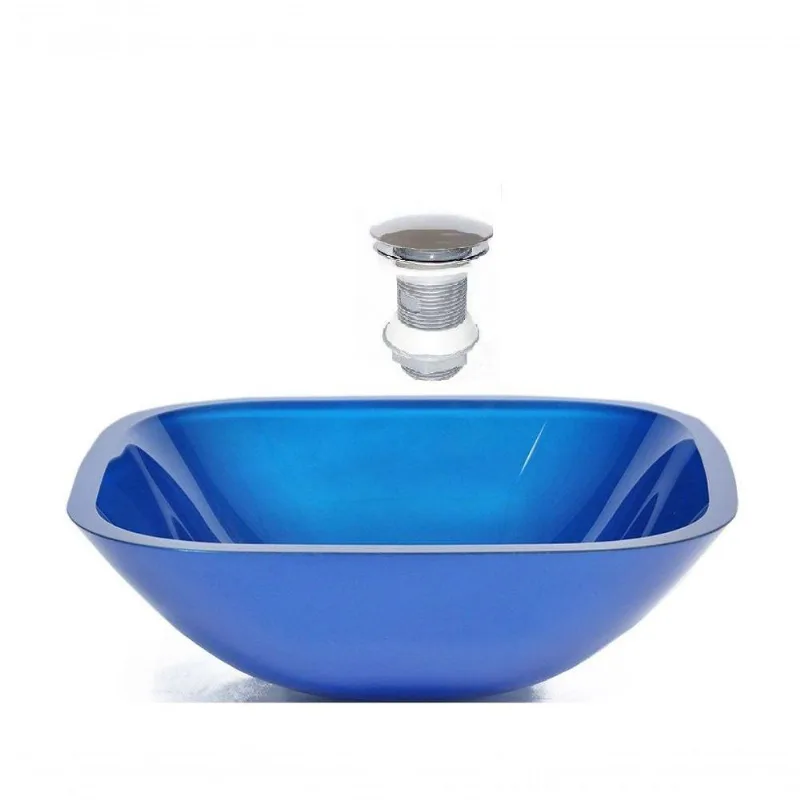 Cuba de Vidro Quadrada 35cm Azul Escuro + Valvula Click