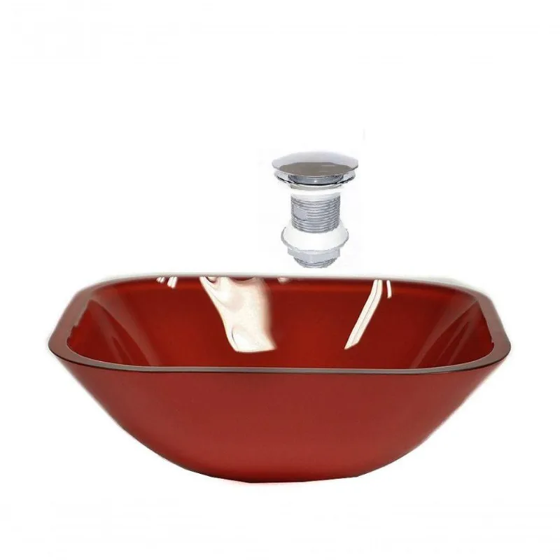 Cuba de Vidro Quadrada 35cm Vermelho Cereja + Valvula Click