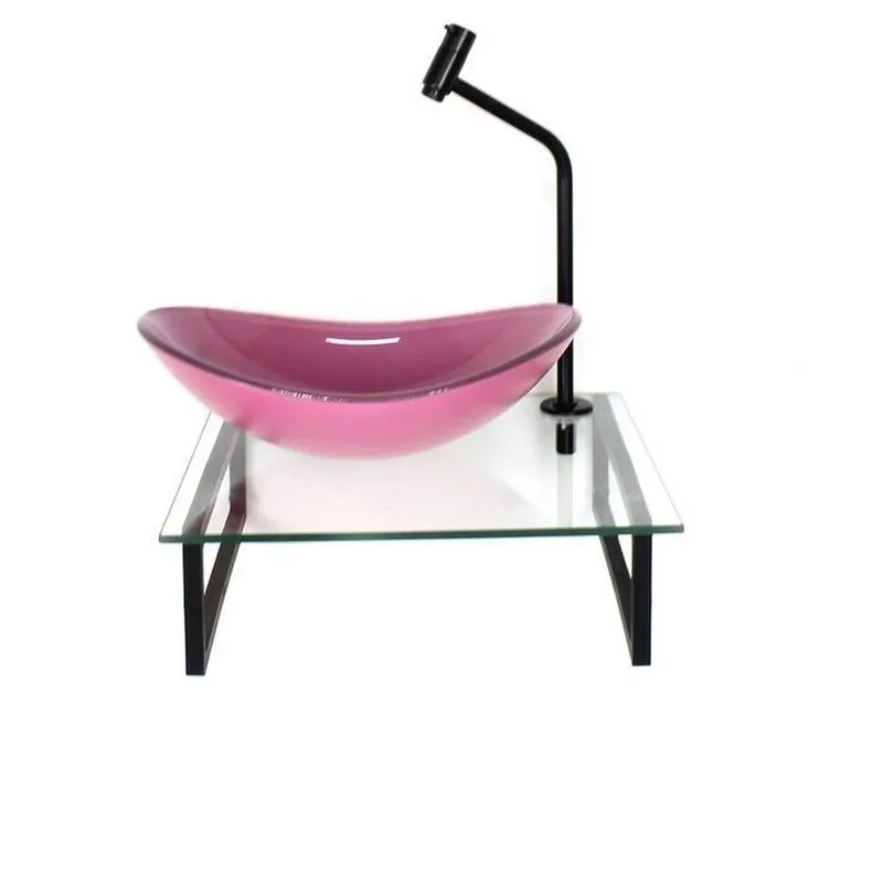 Kit Cuba De Vidro Oval 10cm Com Tampo 40cm E Suporte Rosa