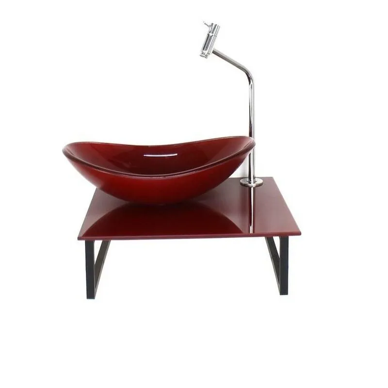 Kit Cuba De Vidro Oval 10cm Tampo 40cm Full Com Suporte Torneira Valvula Vermelho Cereja