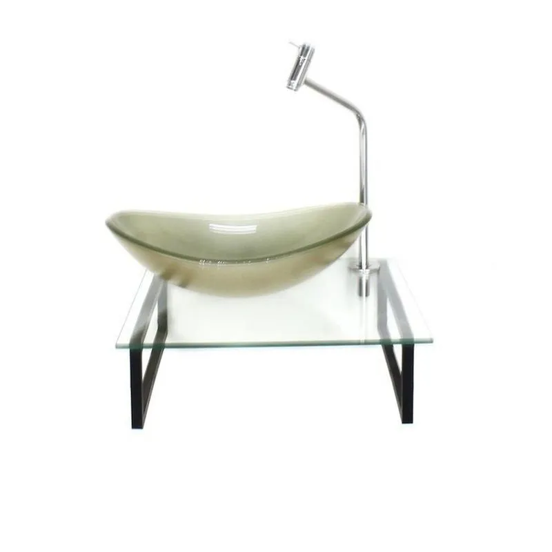 Kit Cuba De Vidro Oval 10cm Tampo 40cm Com Suporte Torneira Valvula Champanhe