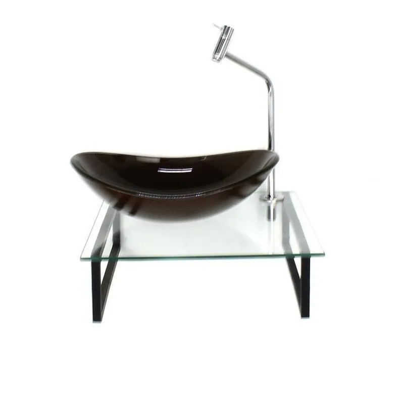 Kit Cuba De Vidro Oval 10cm Tampo 40cm Com Suporte Torneira Válvula Marrom