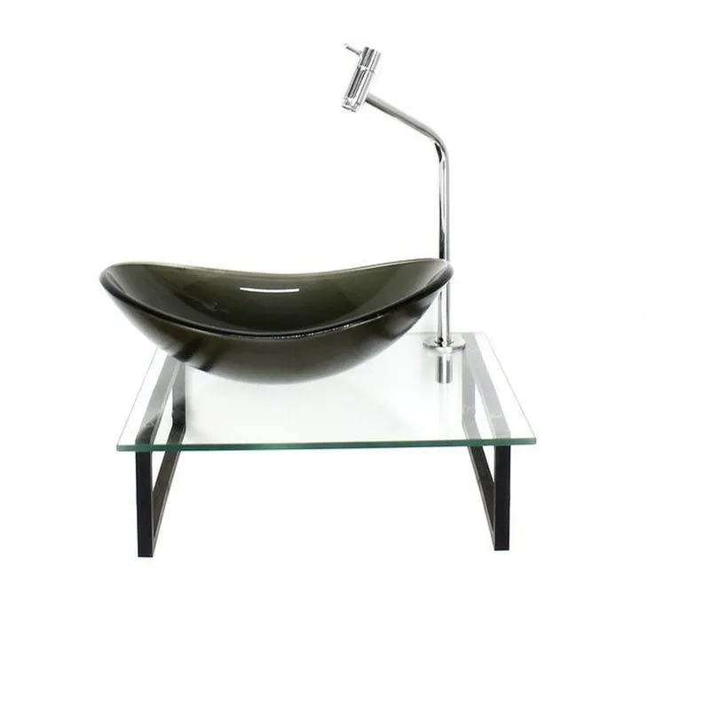 Kit Cuba De Vidro Oval 10cm Tampo 40cm Com Suporte Torneira Válvula Ouro Envelhecido