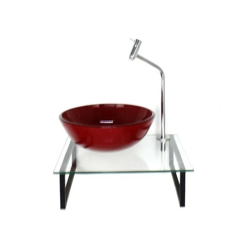 Kit Cuba De Vidro Redonda 1cm Com Tampo 40cm E Suporte Vermelho