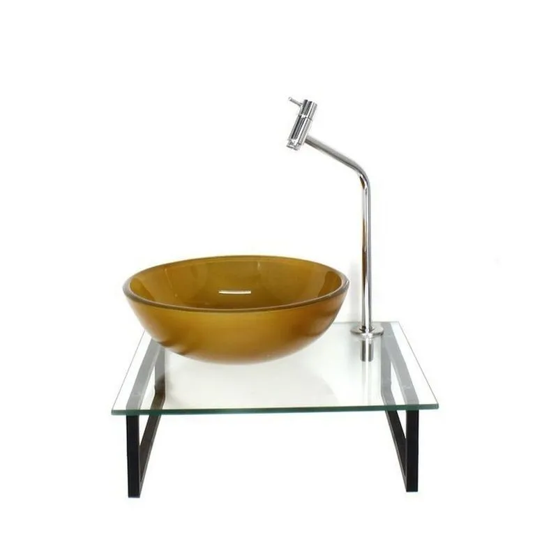 Kit Cuba De Vidro Redonda 1cm Tampo 40cm Com Suporte Torneira Valvula Dourado