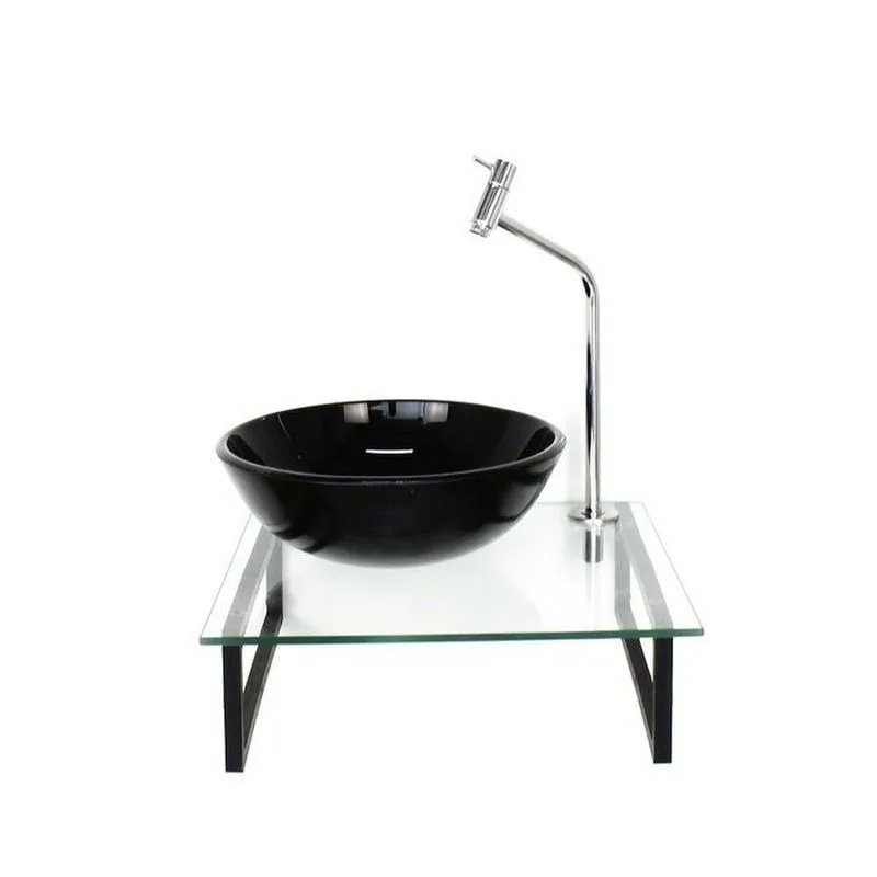 Kit Cuba De Vidro Redonda 1cm Tampo 40cm Com Suporte Torneira Valvula Preto