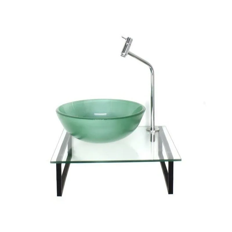 Kit Cuba De Vidro Redonda 1cm Tampo 40cm Com Suporte Torneira Valvula Verde