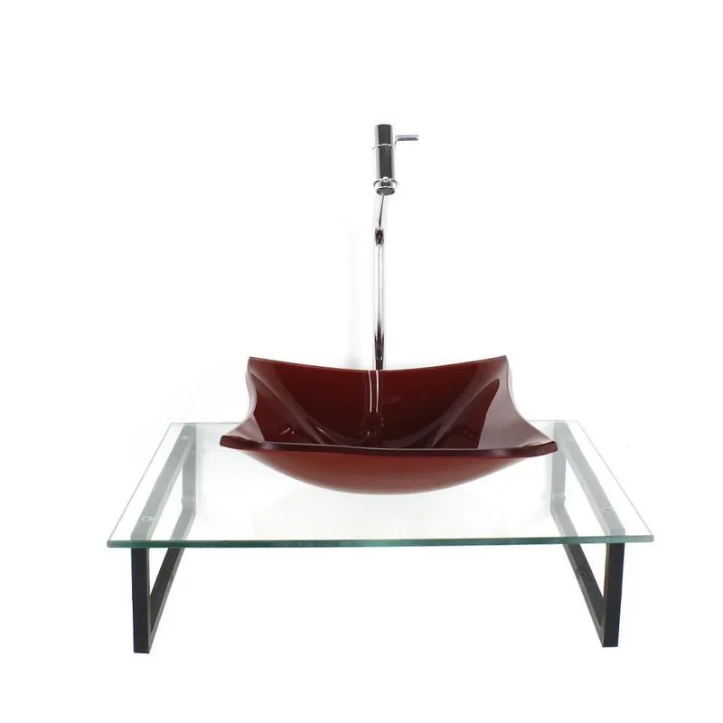 Kit Cuba Vidro Quadrada 10mm Vermelho Cereja Tampo 50cm