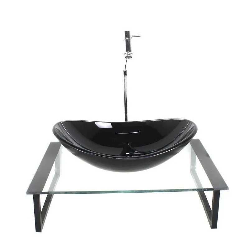 Kit Cuba Vidro Oval 10mm Tampo 50cm Preto Suporte Torneira