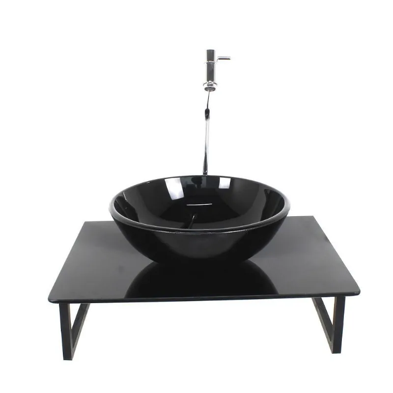 Kit Cuba Vidro Redonda 10Mm Tampo 50Cm Preto Full E Suporte