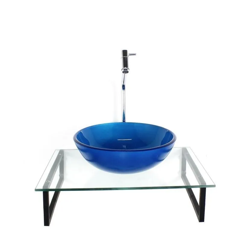 Kit Cuba Vidro Redonda 10mm Azul Escuro Tampo 50cm Incolor