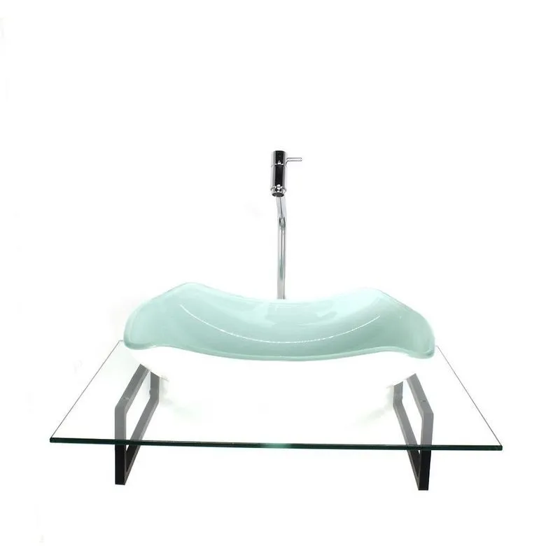 Kit Cuba Vidro Abaulada Branca Tampo 60cm Incolor E Suporte