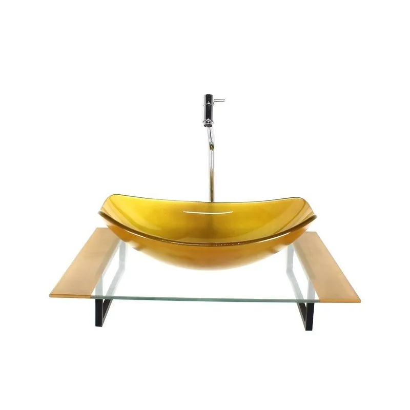 Kit Cuba Vidro Oval Chanfrada Tampo 60cm Dourado Real E