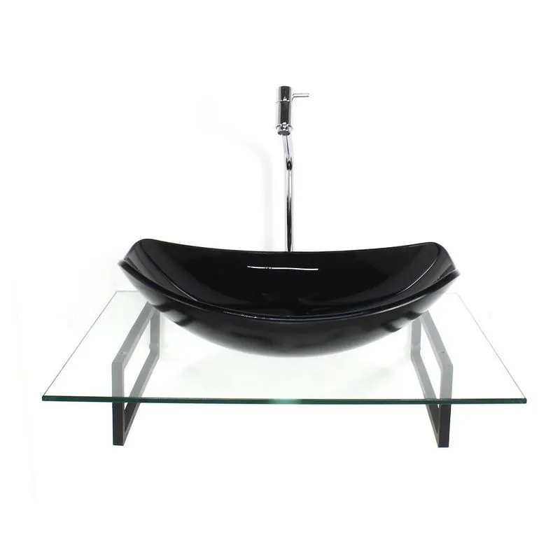 Kit Cuba Vidro Oval Chanfrada Preta Tampo 60cm Incolor E