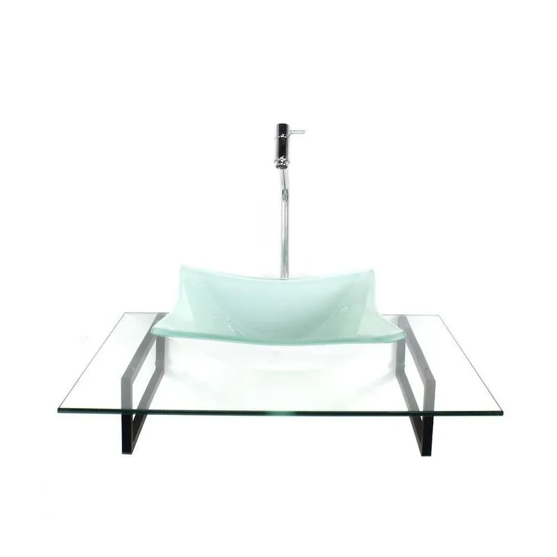 Kit Cuba Vidro Quadrada Branca Tampo 60cm Incolor E Suporte