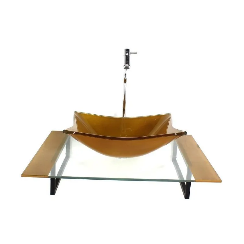 Kit Cuba Vidro Retangular Tampo 60cm Dourado Real E Suporte