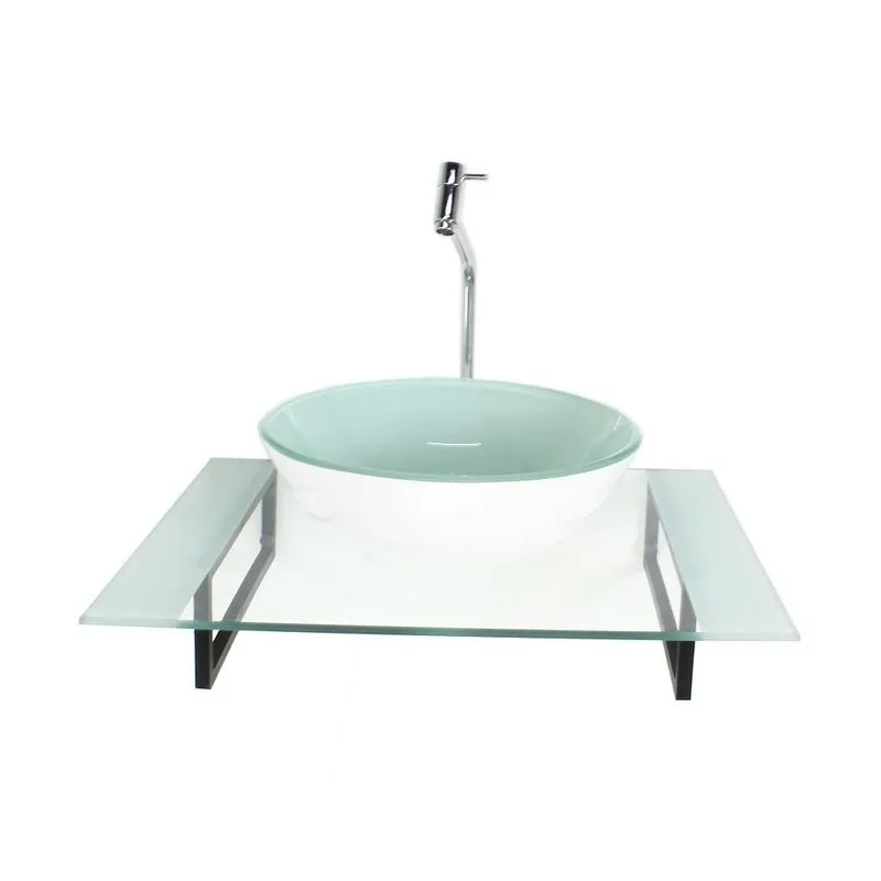 Kit Cuba De Vidro Redonda Tampo 60cm Branco E Suporte Preto