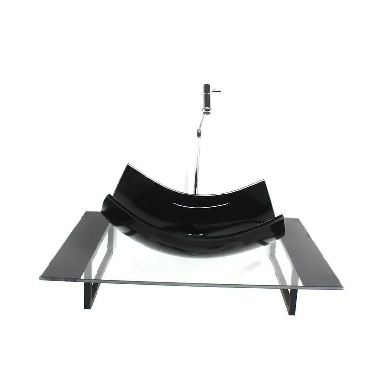 Kit Cuba Vidro Retangular Curvada Tampo 60cm Preto E Suporte
