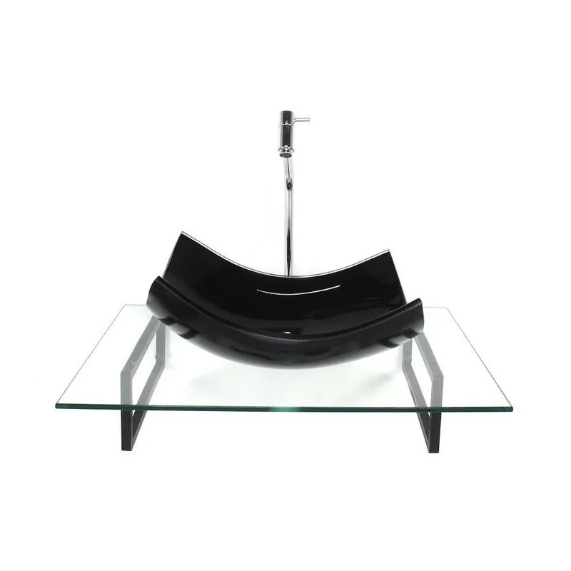 Kit Cuba Vidro Retangular Curvada Preta Tampo 60cm Incolor E