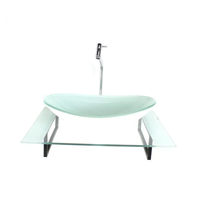 Kit Cuba De Vidro Oval Com Tampo 60cm Branco E Suporte Preto